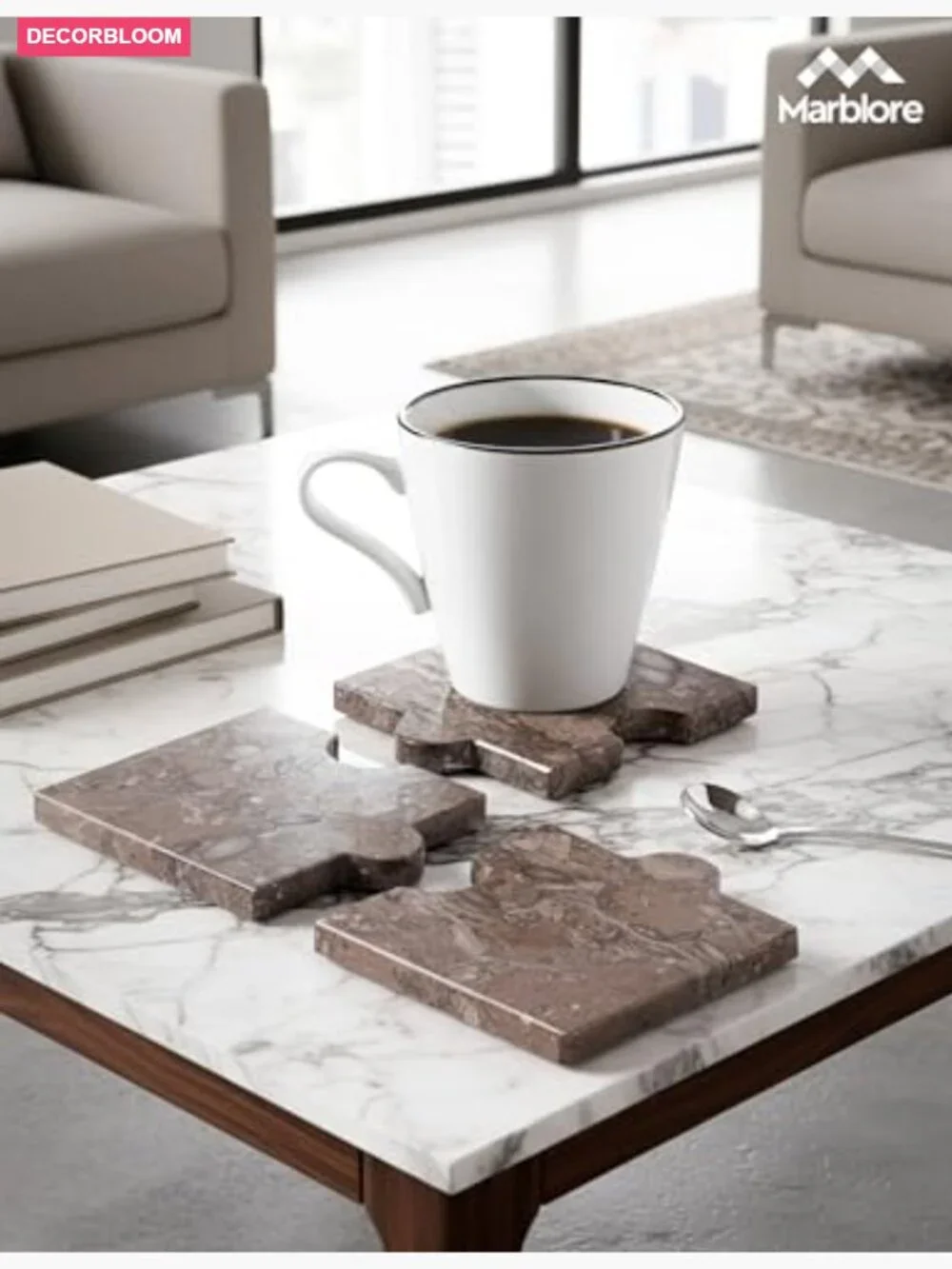 Set of 4 Square Marble Drink Coasters for Coffee Table, Bar & Kitchen Decor